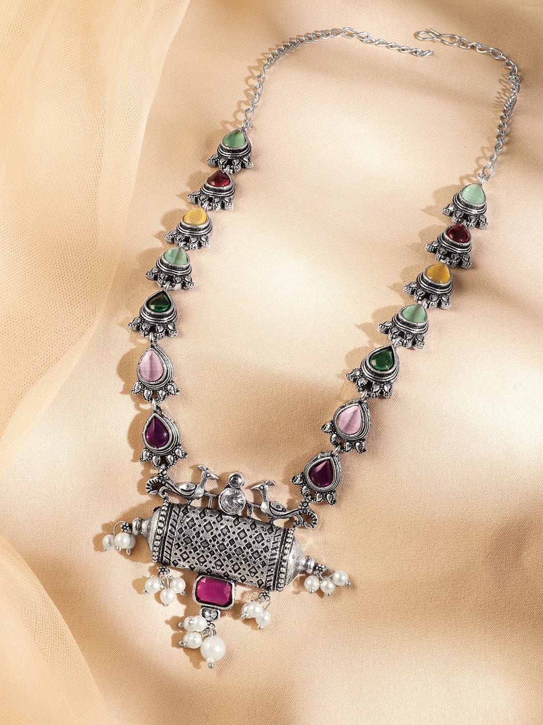 Oxidised Peacock Motif Multicolor Pearl Drop Necklace フリーサイズ