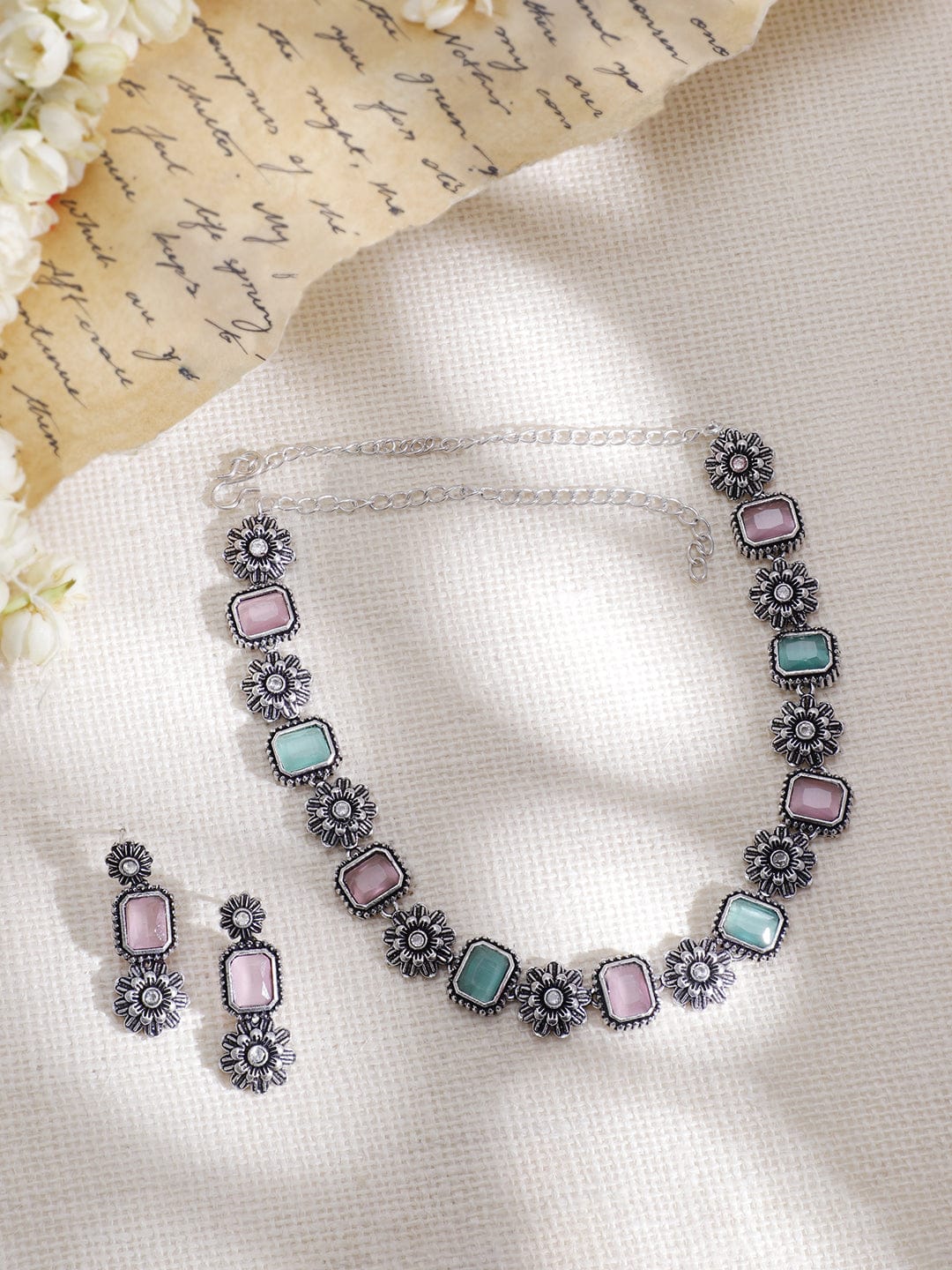 Pink & Blue Oxidized Floral Necklace Set Silver