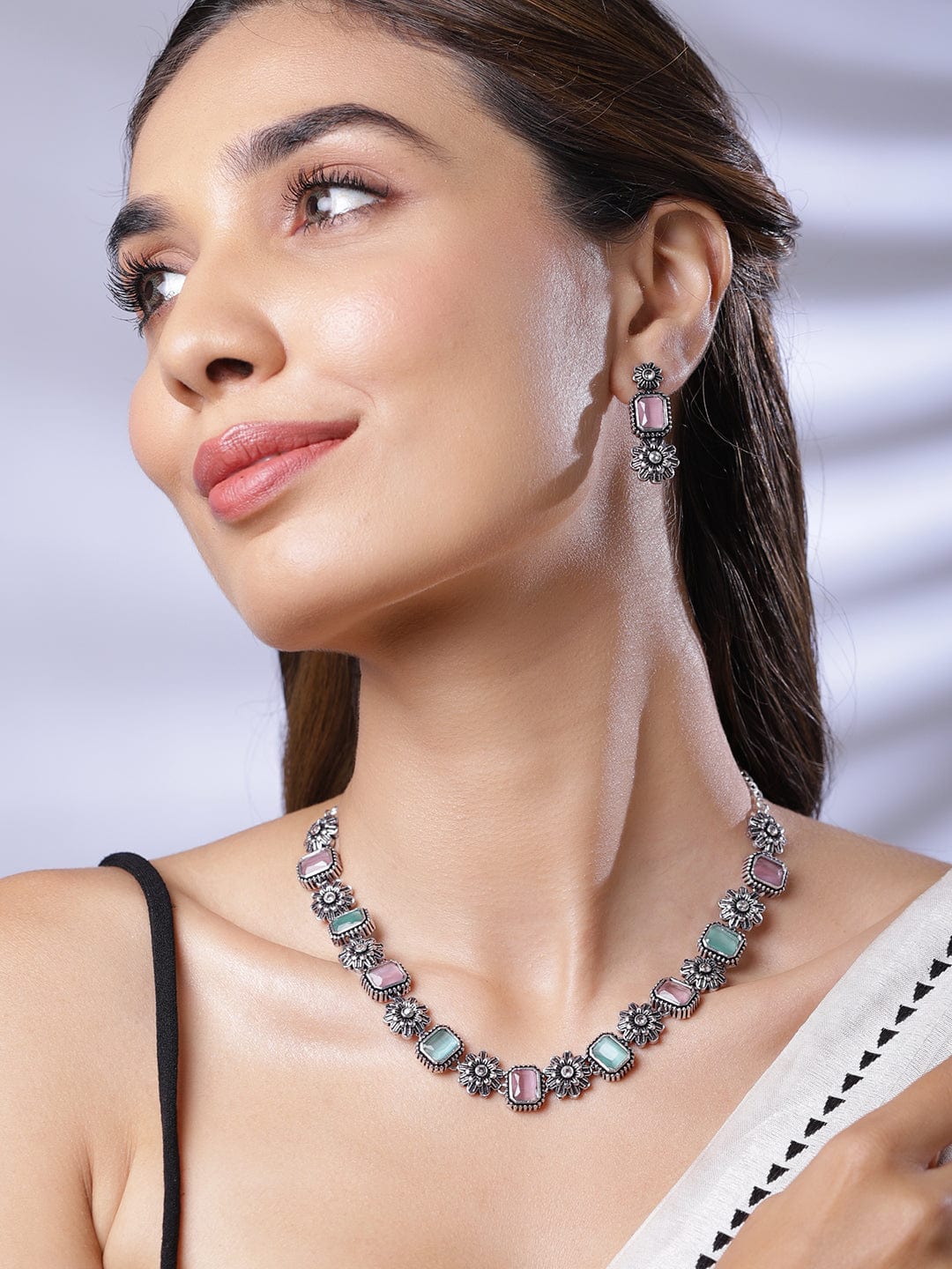 Pink & Blue Oxidized Floral Necklace Set Silver