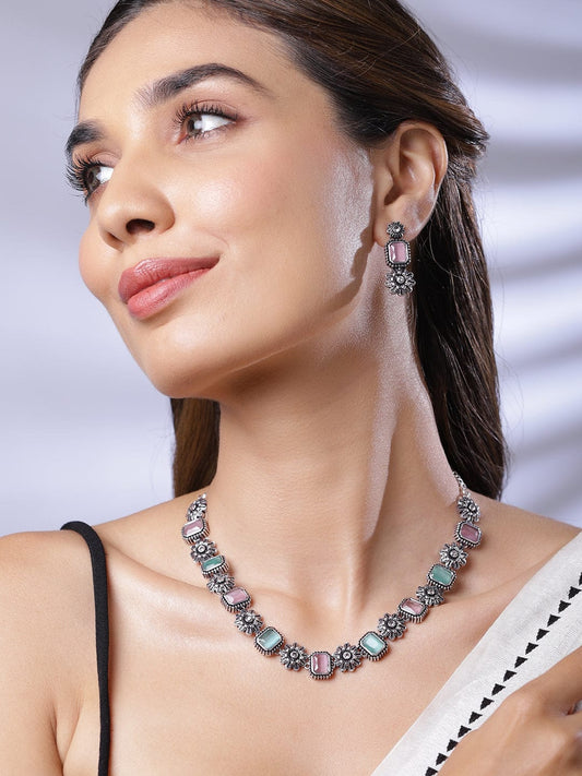 Pink & Blue Oxidized Floral Necklace Set Silver