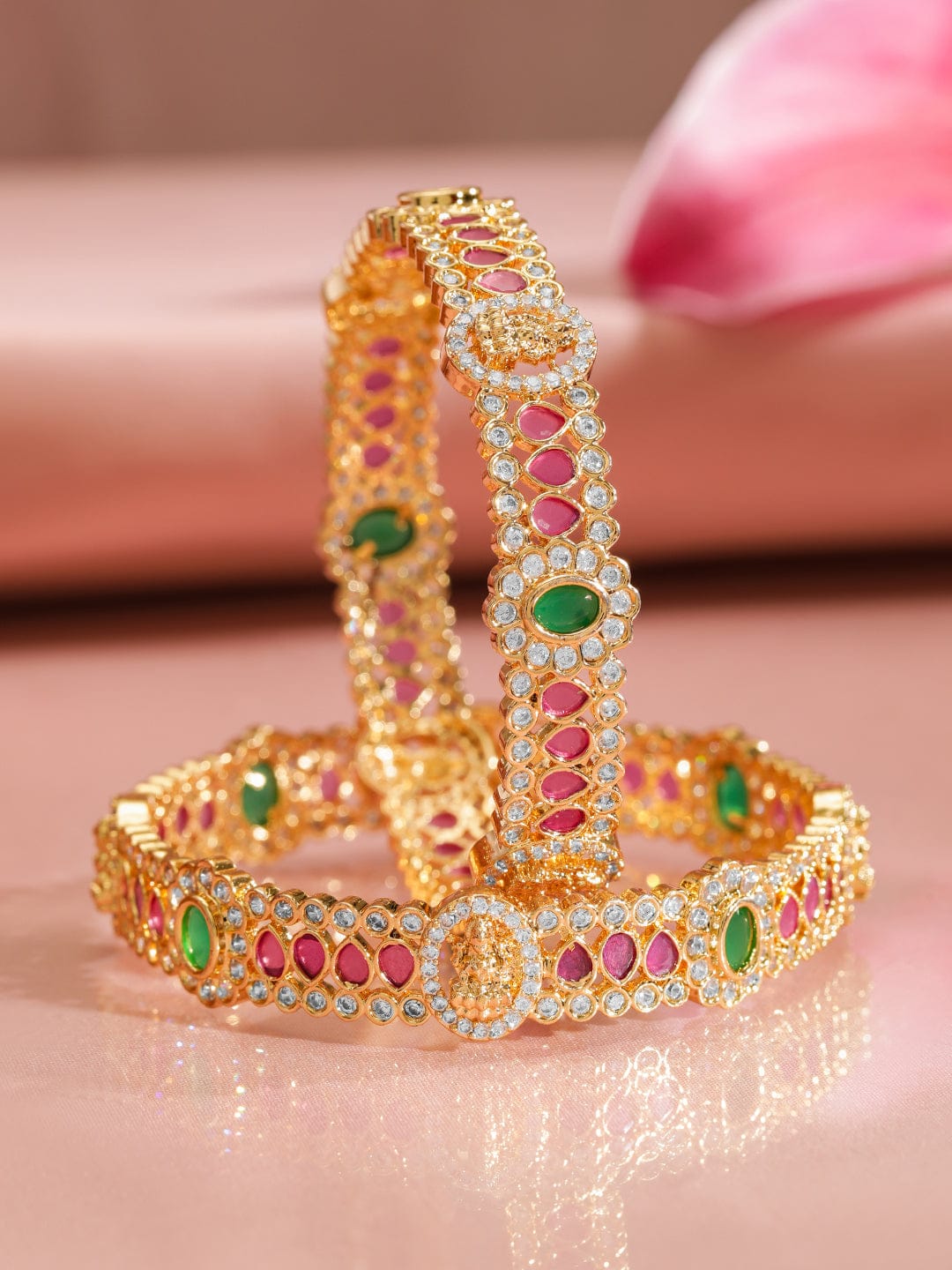 Rubans Pack Of 2 22K Gold-Plated Emerald Stone Studded Traditional Bangles 2.8 - Large