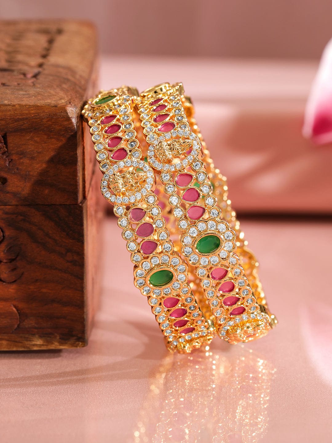 Rubans Pack Of 2 22K Gold-Plated Emerald Stone Studded Traditional Bangles 2.8 - Large
