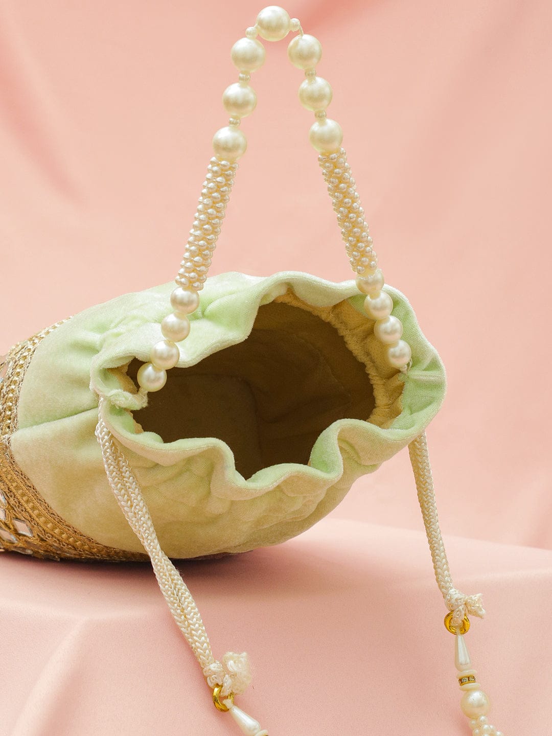 Rubans Pastel Mint Green Velvet Potli Bag with Pearl Handle, Mirror Embroidery & Tassel Detailing フリーサイズ