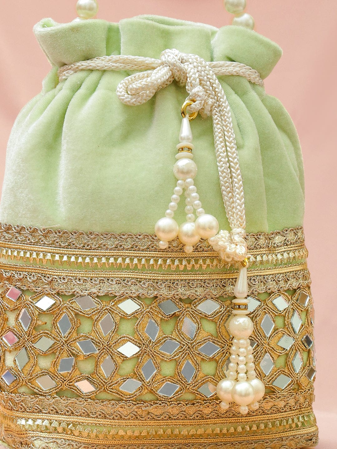 Rubans Pastel Mint Green Velvet Potli Bag with Pearl Handle, Mirror Embroidery & Tassel Detailing フリーサイズ