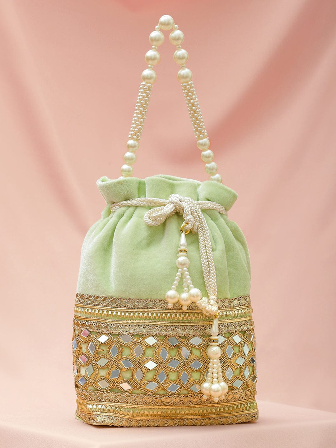 Rubans Pastel Mint Green Velvet Potli Bag with Pearl Handle, Mirror Embroidery & Tassel Detailing フリーサイズ