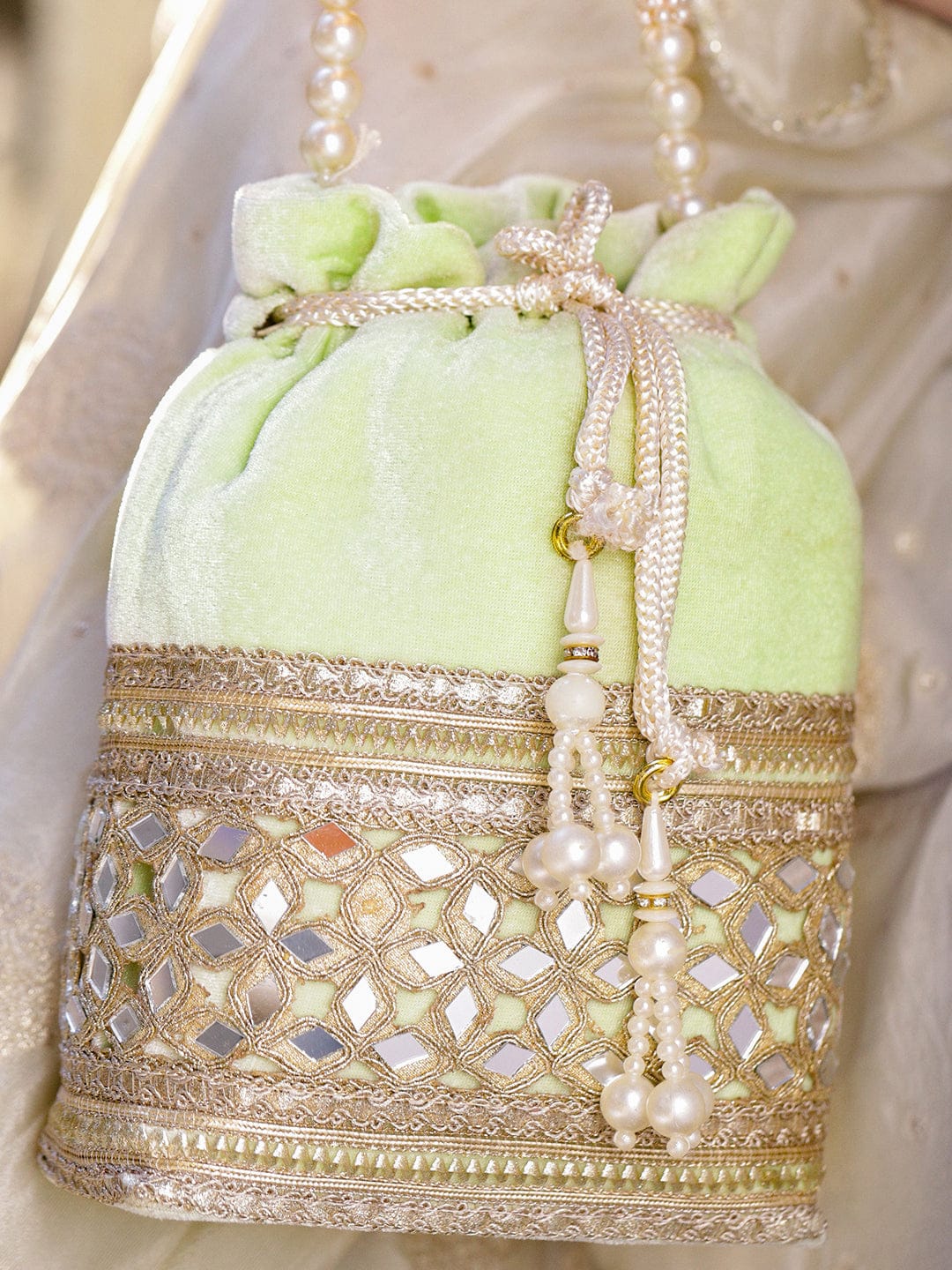 Rubans Pastel Mint Green Velvet Potli Bag with Pearl Handle, Mirror Embroidery & Tassel Detailing フリーサイズ