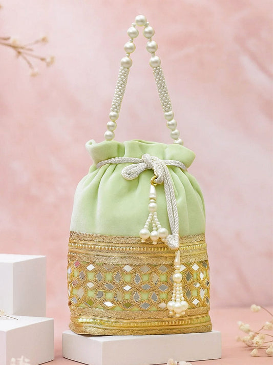 Rubans Pastel Mint Green Velvet Potli Bag with Pearl Handle, Mirror Embroidery & Tassel Detailing フリーサイズ