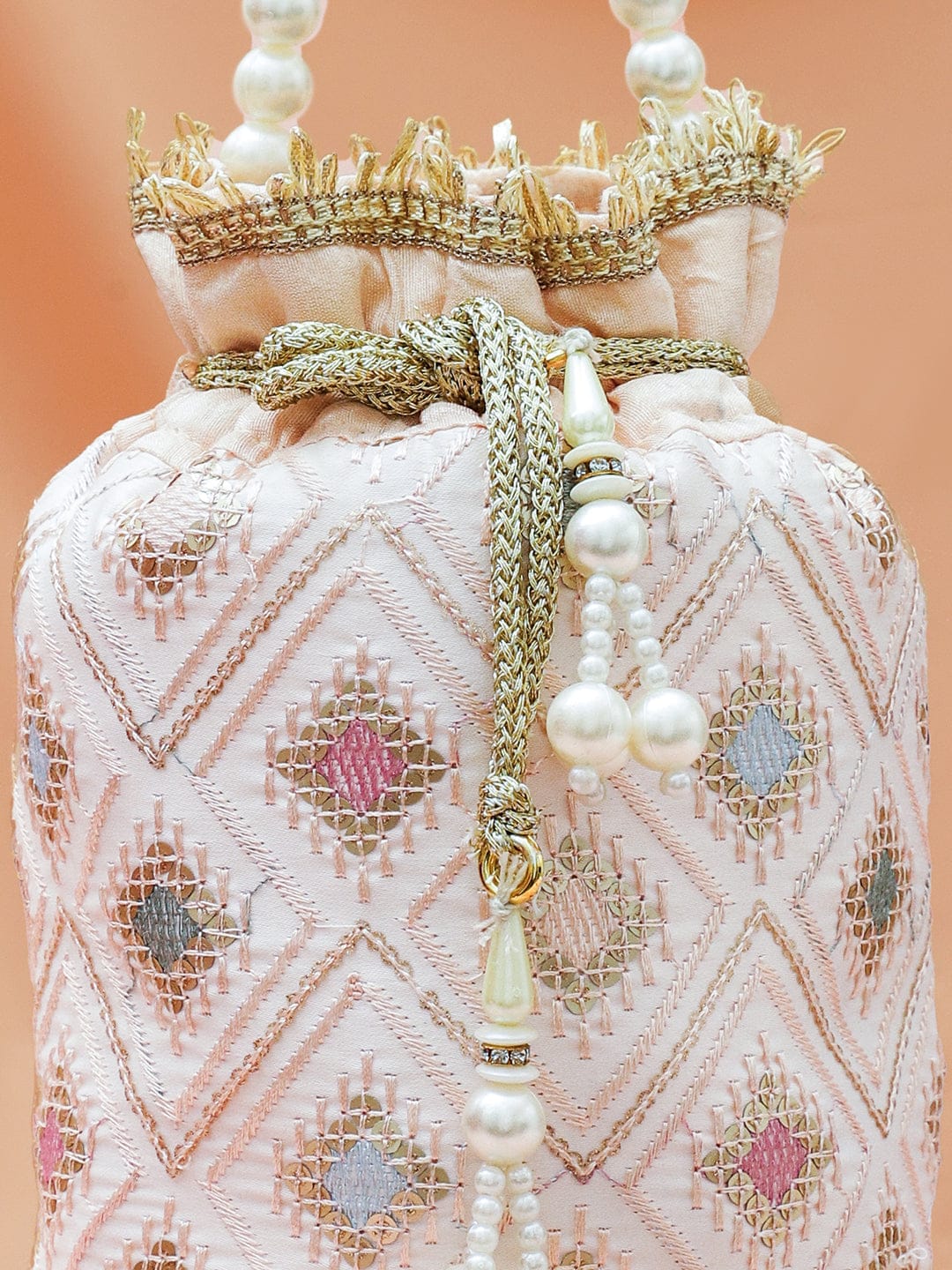 Rubans Pastel Pink Fabric Potli Bag with Multicolor Embroidery, Pearl Beaded Handle & Golden Tassel フリーサイズ