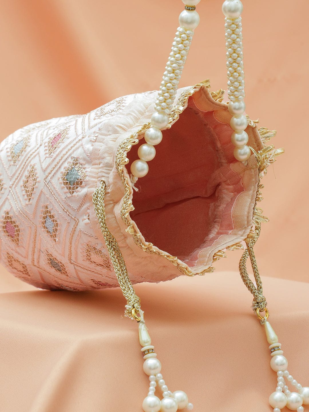 Rubans Pastel Pink Fabric Potli Bag with Multicolor Embroidery, Pearl Beaded Handle & Golden Tassel フリーサイズ