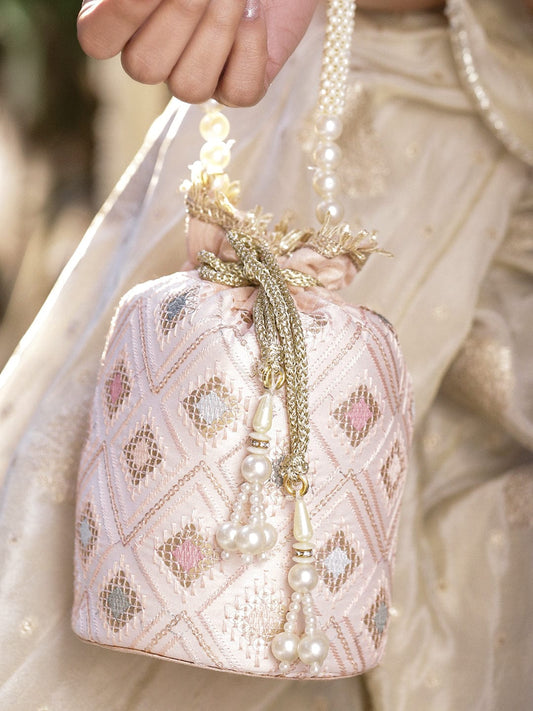 Rubans Pastel Pink Fabric Potli Bag with Multicolor Embroidery, Pearl Beaded Handle & Golden Tassel フリーサイズ