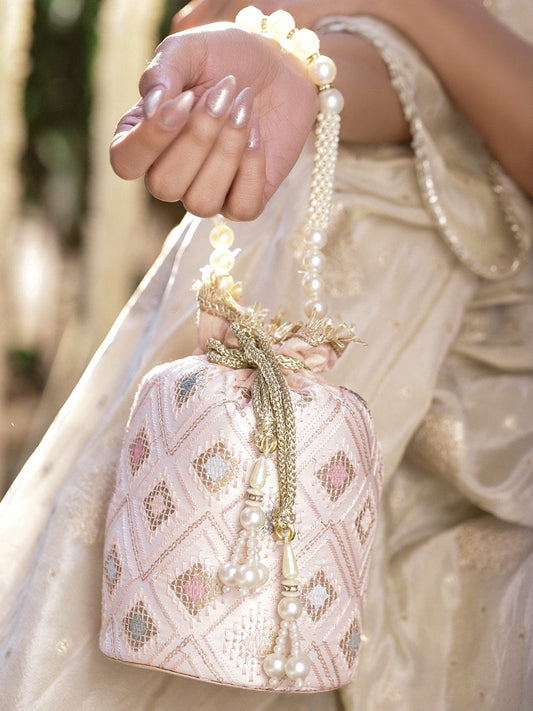 Rubans Pastel Pink Fabric Potli Bag with Multicolor Embroidery, Pearl Beaded Handle & Golden Tassel フリーサイズ