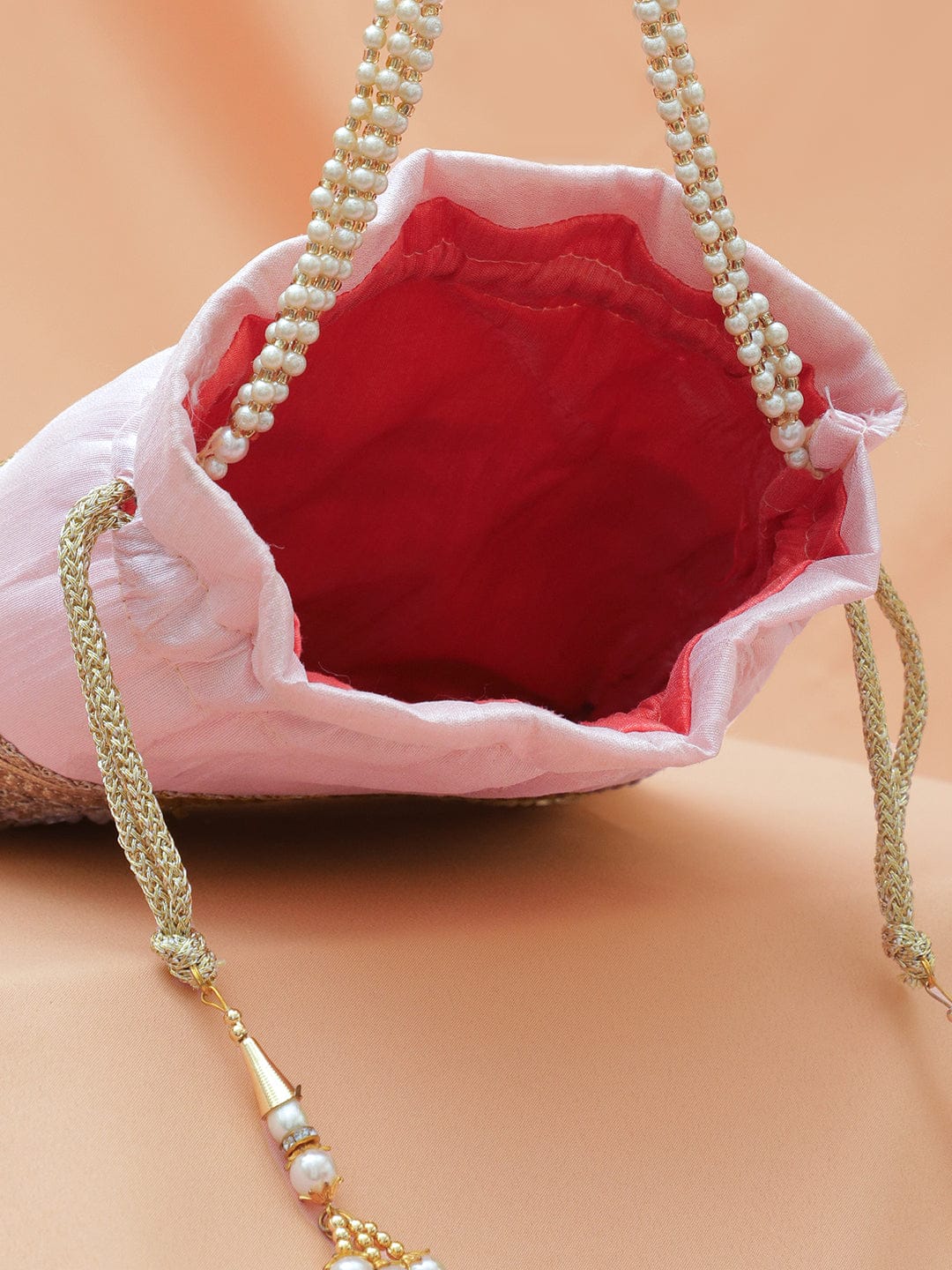 Rubans Pastel Pink Potli Bag with Golden Zari, Mirror & Floral Embroidery & Beaded Handle フリーサイズ