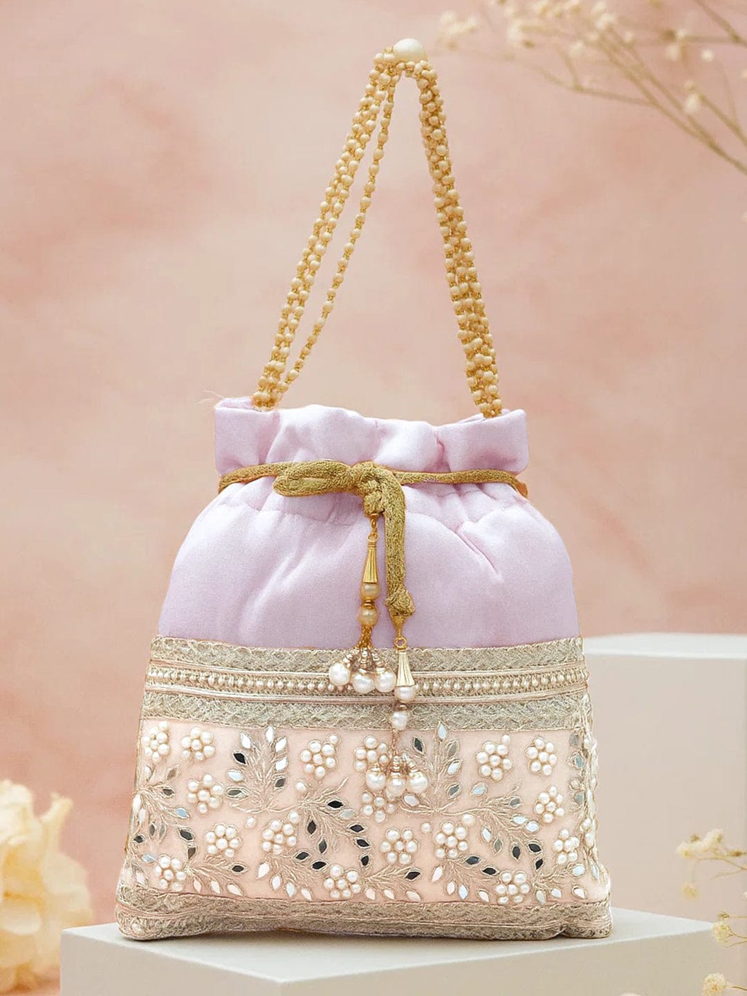Rubans Pastel Pink Potli Bag with Golden Zari, Mirror & Floral Embroidery & Beaded Handle フリーサイズ