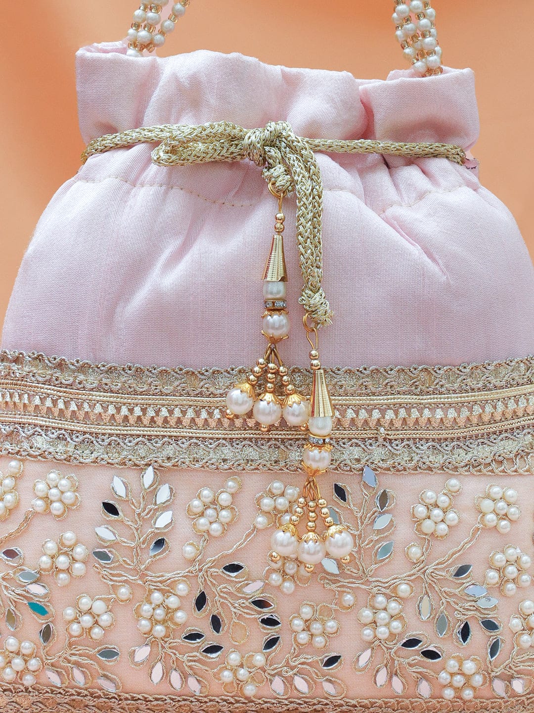 Rubans Pastel Pink Potli Bag with Golden Zari, Mirror & Floral Embroidery & Beaded Handle フリーサイズ