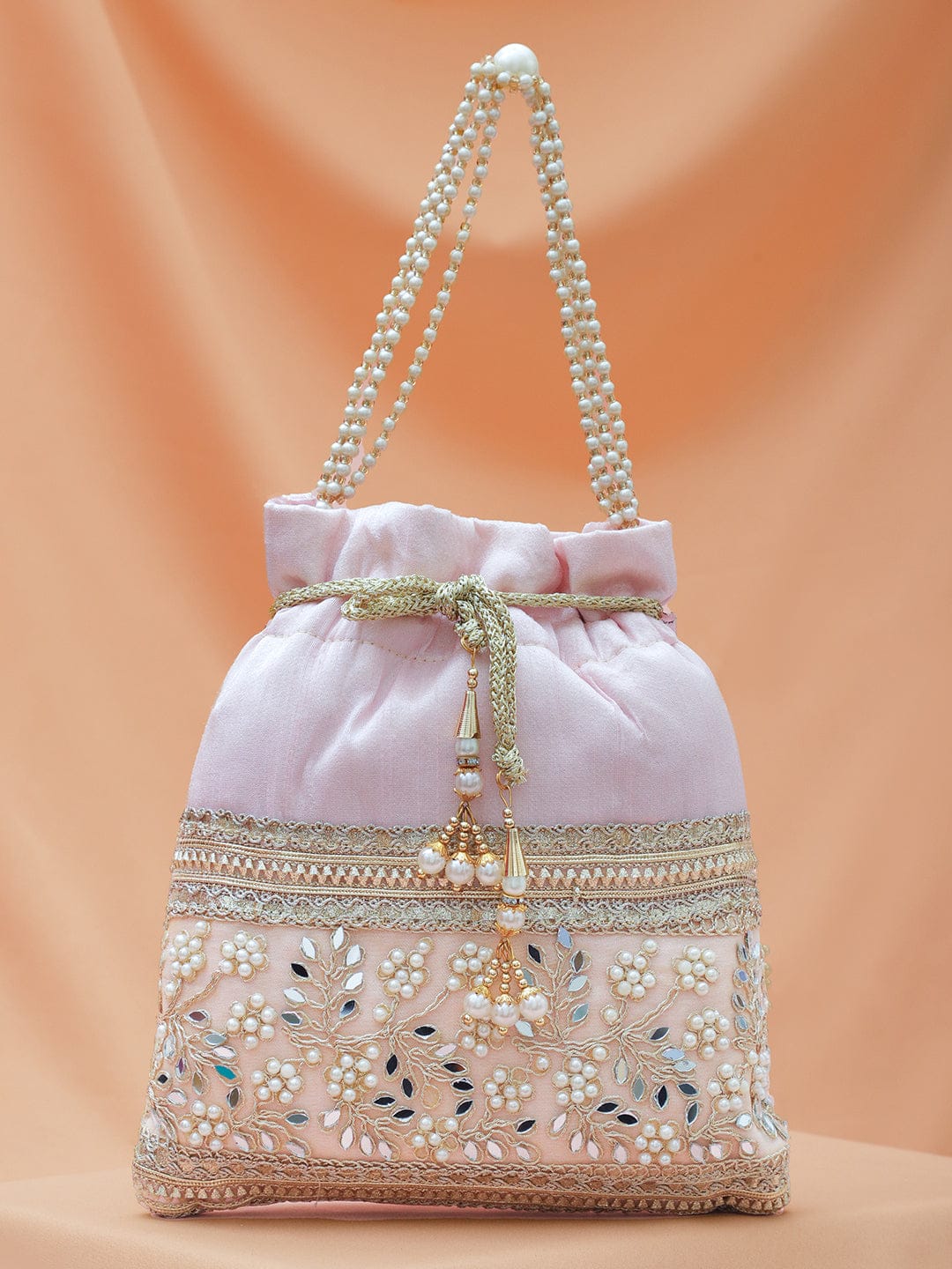 Rubans Pastel Pink Potli Bag with Golden Zari, Mirror & Floral Embroidery & Beaded Handle フリーサイズ
