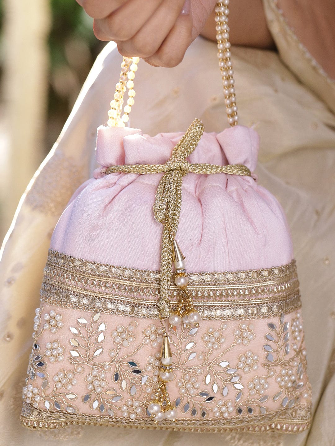 Rubans Pastel Pink Potli Bag with Golden Zari, Mirror & Floral Embroidery & Beaded Handle フリーサイズ