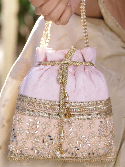 Rubans Pastel Pink Potli Bag with Golden Zari, Mirror & Floral Embroidery & Beaded Handle フリーサイズ