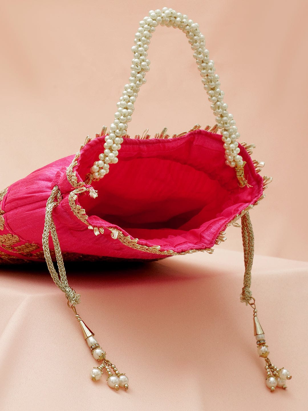Rubans Pink & Gold Embroidered Potli Bag with Pearl Handle & Beaded Tassel Detailing フリーサイズ
