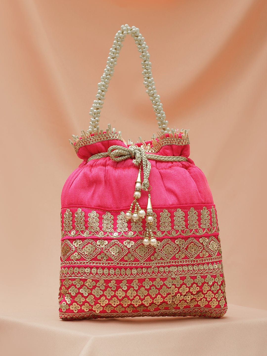 Rubans Pink & Gold Embroidered Potli Bag with Pearl Handle & Beaded Tassel Detailing フリーサイズ