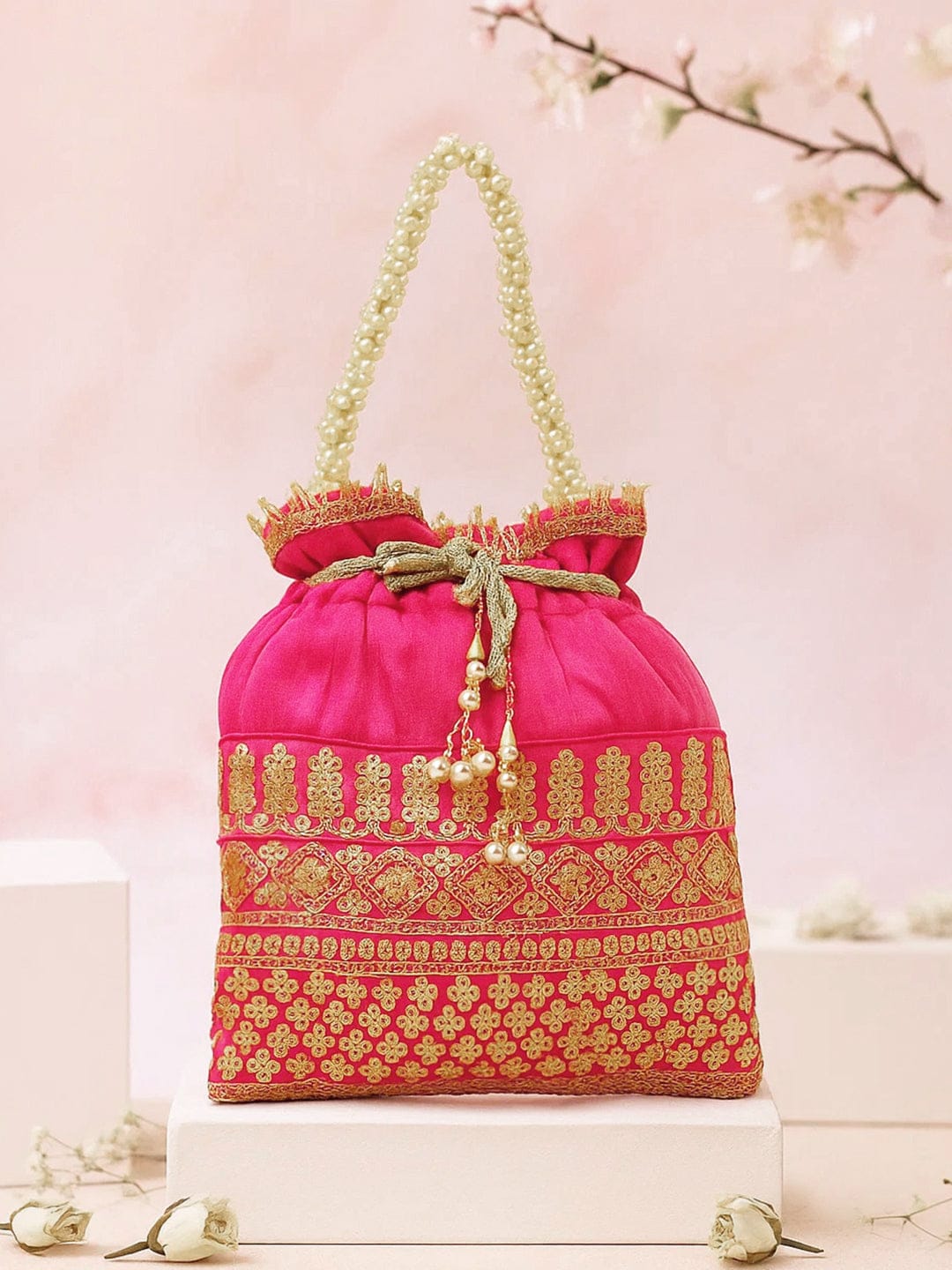 Rubans Pink & Gold Embroidered Potli Bag with Pearl Handle & Beaded Tassel Detailing フリーサイズ