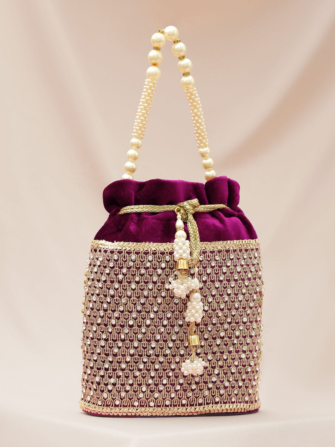 Rubans Purple Velvet Potli Bag with Pearl Handle, Golden Embroidery & Stone Detailing フリーサイズ