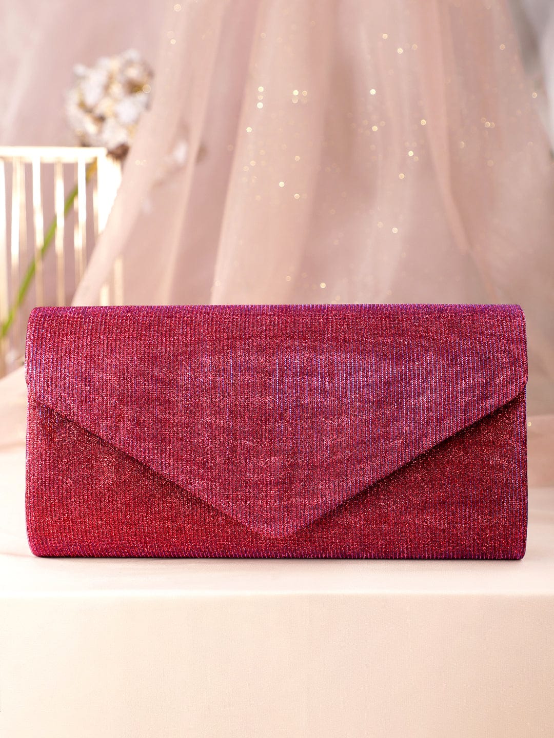 Rubans Radiant Bloom Magenta Textured Shimmery Clutch Bag Magenta