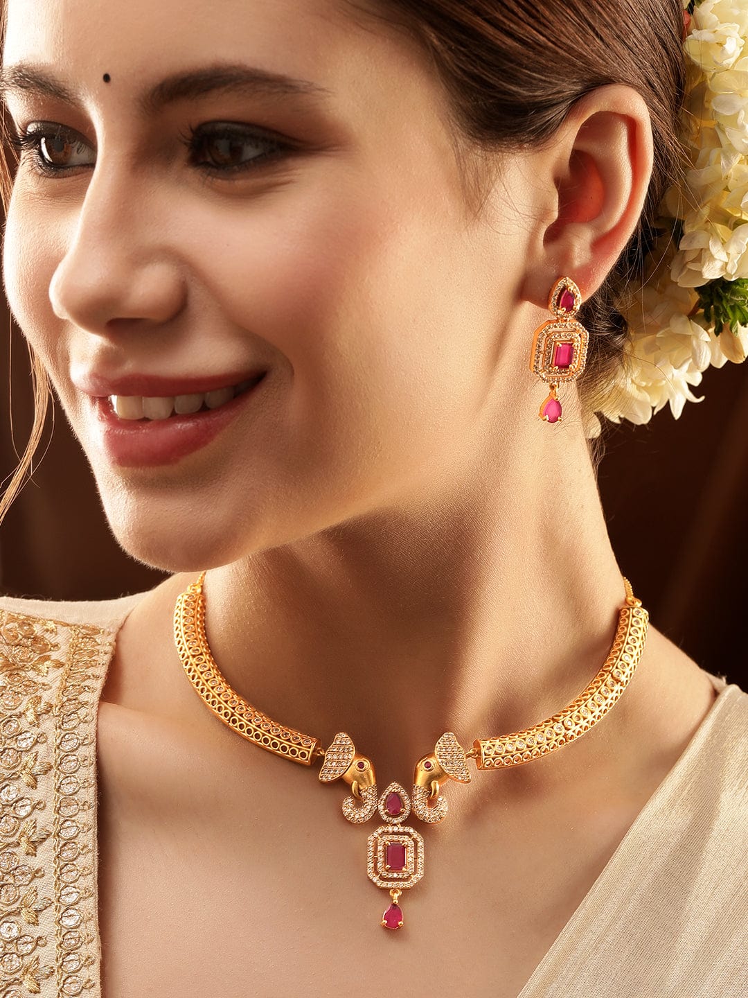 American Diamond Zirconia Pink Studded Choker Set Gold::Red