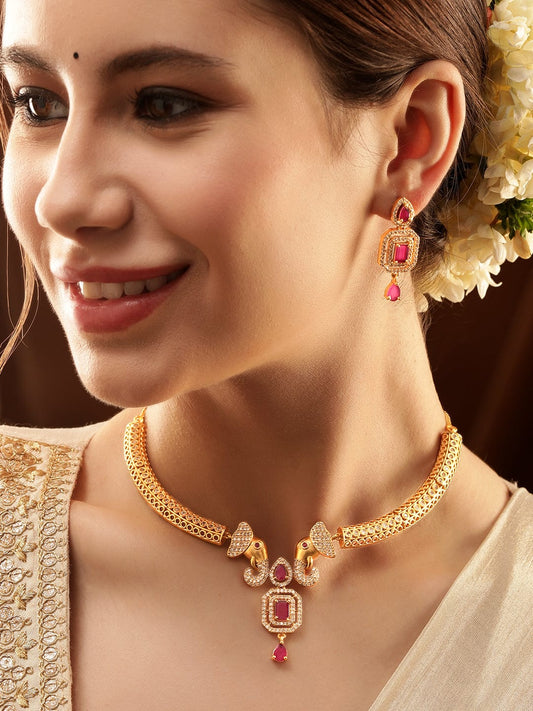 American Diamond Zirconia Pink Studded Choker Set Gold::Red