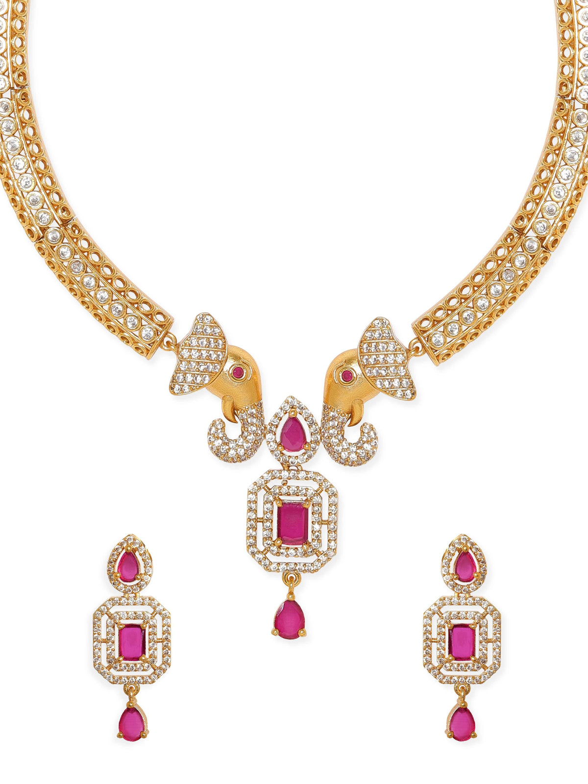 American Diamond Zirconia Pink Studded Choker Set Gold::Red