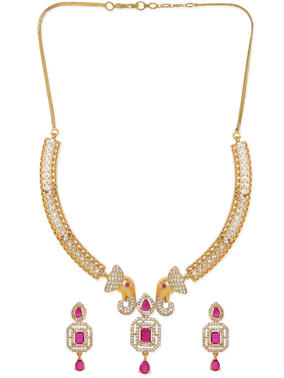 American Diamond Zirconia Pink Studded Choker Set Gold::Red