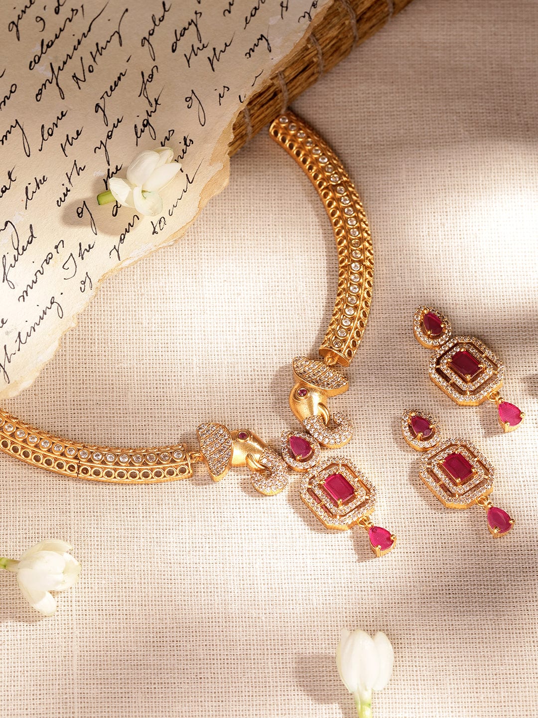 American Diamond Zirconia Pink Studded Choker Set Gold::Red