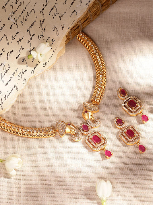 American Diamond Zirconia Pink Studded Choker Set Gold::Red
