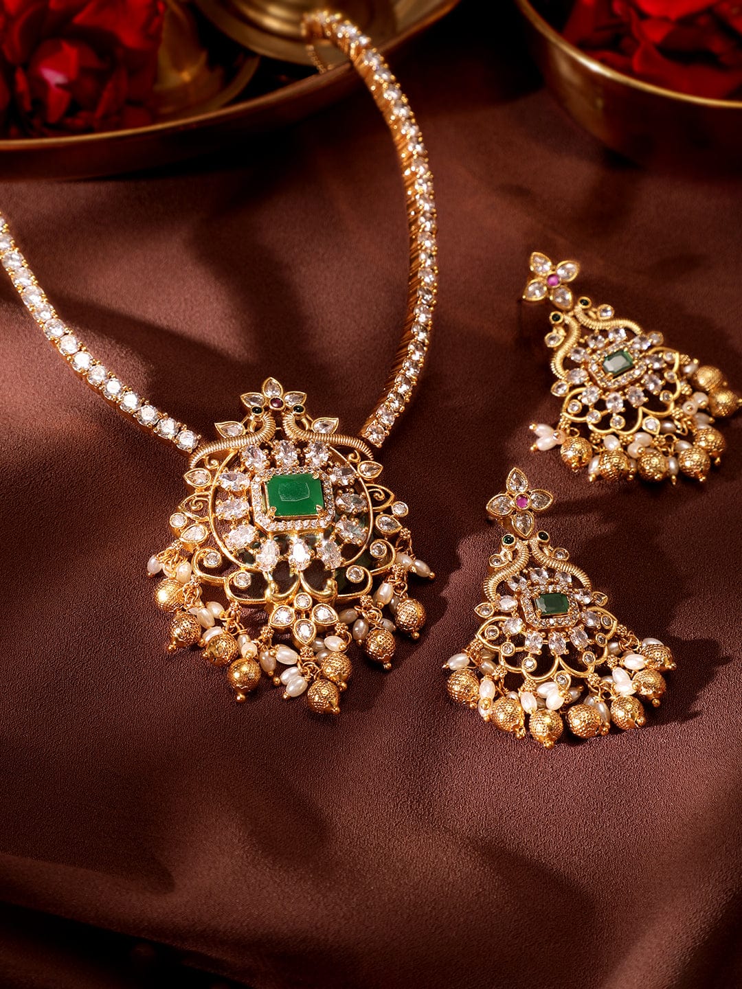 White Clustered Gold Beads Necklace Set Gold
