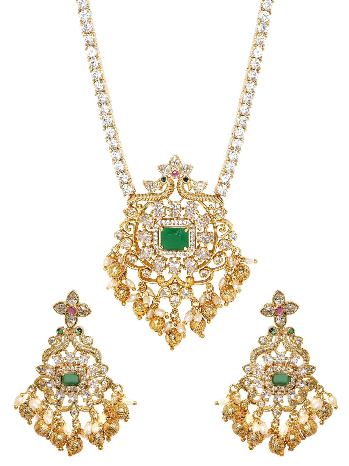 White Clustered Gold Beads Necklace Set Gold