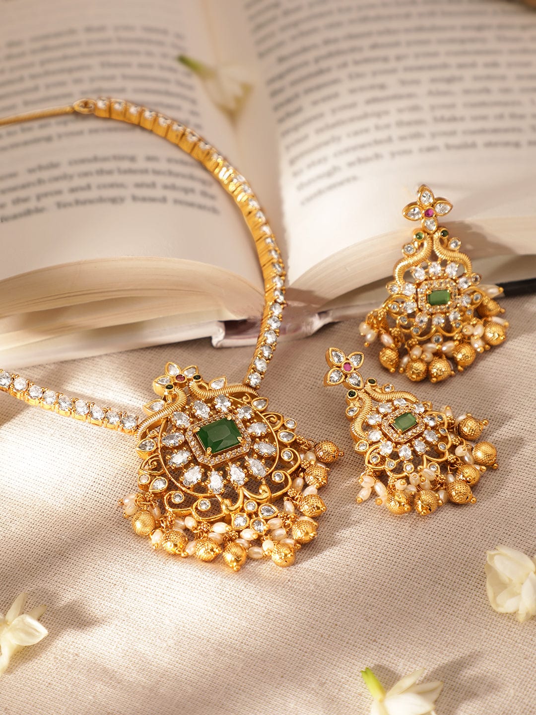 White Clustered Gold Beads Necklace Set Gold