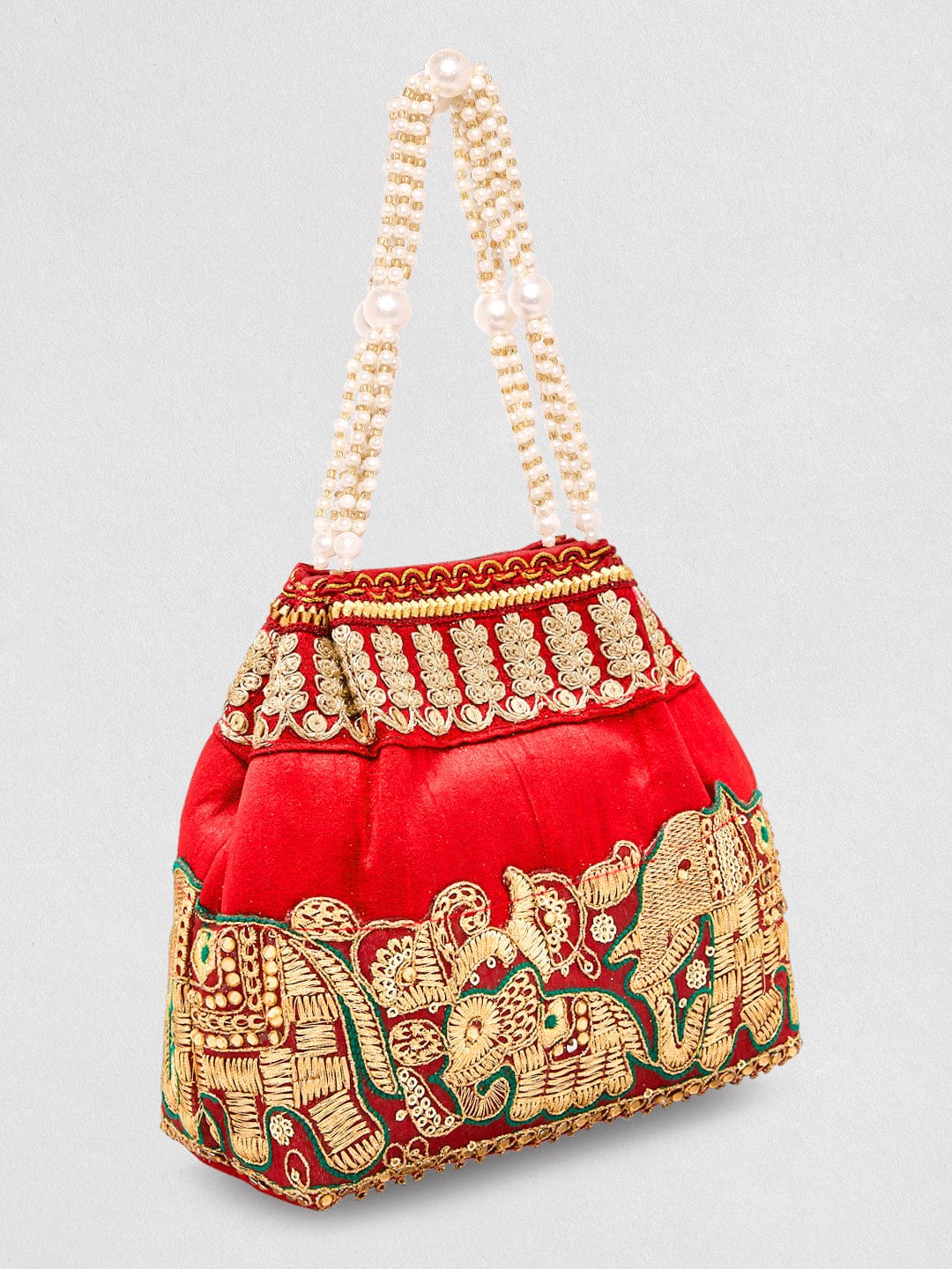 Rubans Red Embroidered & Green Border Potli Bag with Pearl Handle & Elephant Motif Details Red