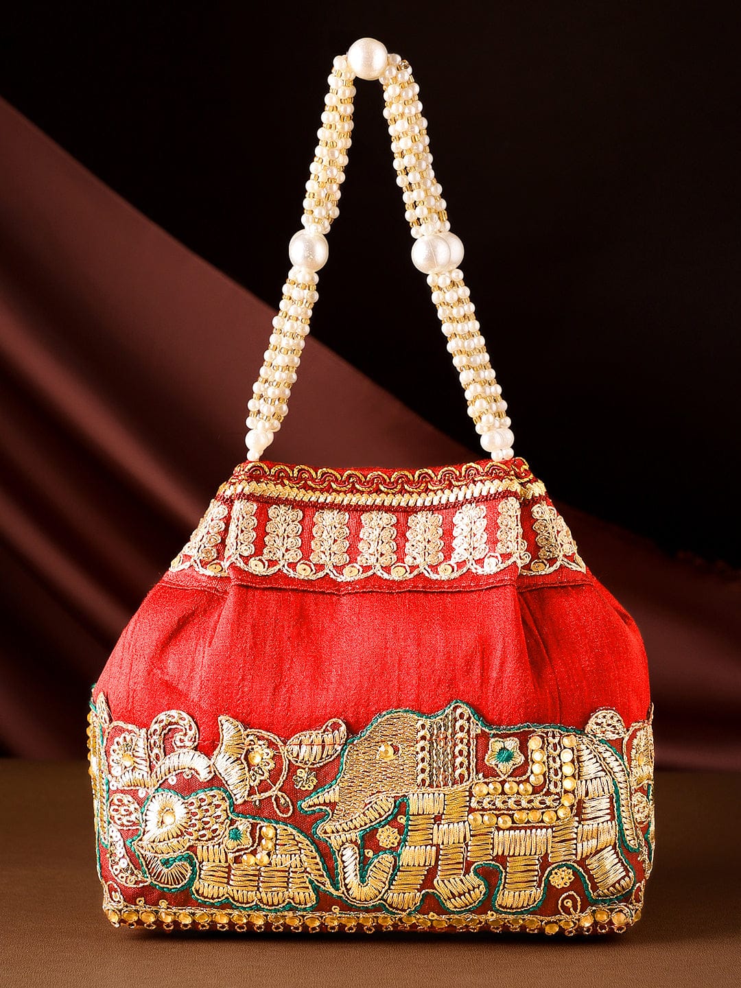 Rubans Red Embroidered & Green Border Potli Bag with Pearl Handle & Elephant Motif Details Red