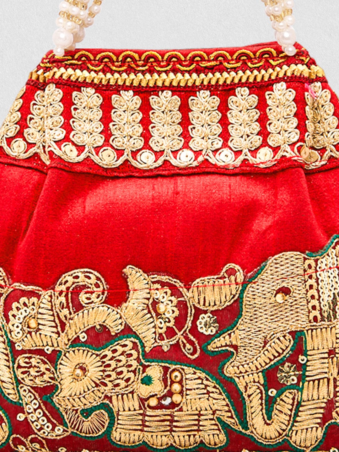 Rubans Red Embroidered & Green Border Potli Bag with Pearl Handle & Elephant Motif Details Red