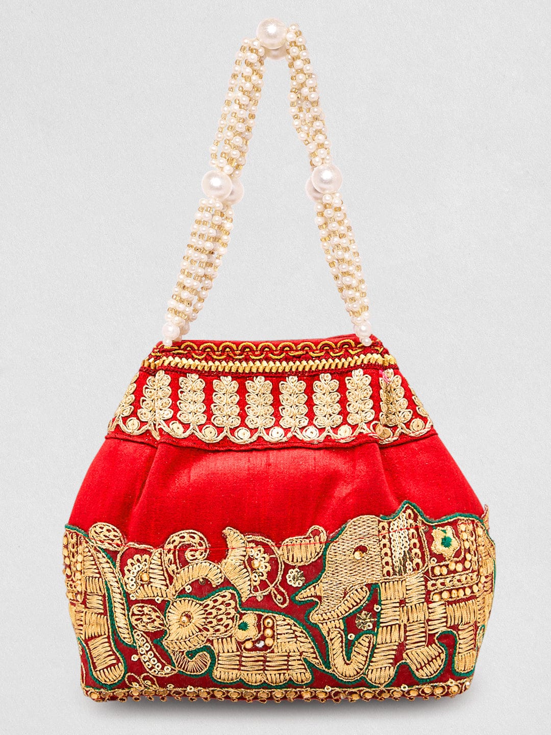 Rubans Red Embroidered & Green Border Potli Bag with Pearl Handle & Elephant Motif Details Red