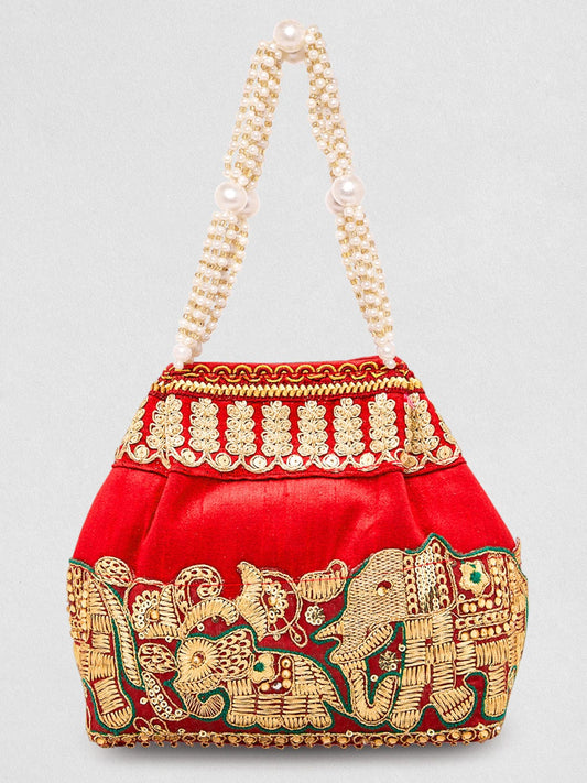 Rubans Red Embroidered & Green Border Potli Bag with Pearl Handle & Elephant Motif Details Red