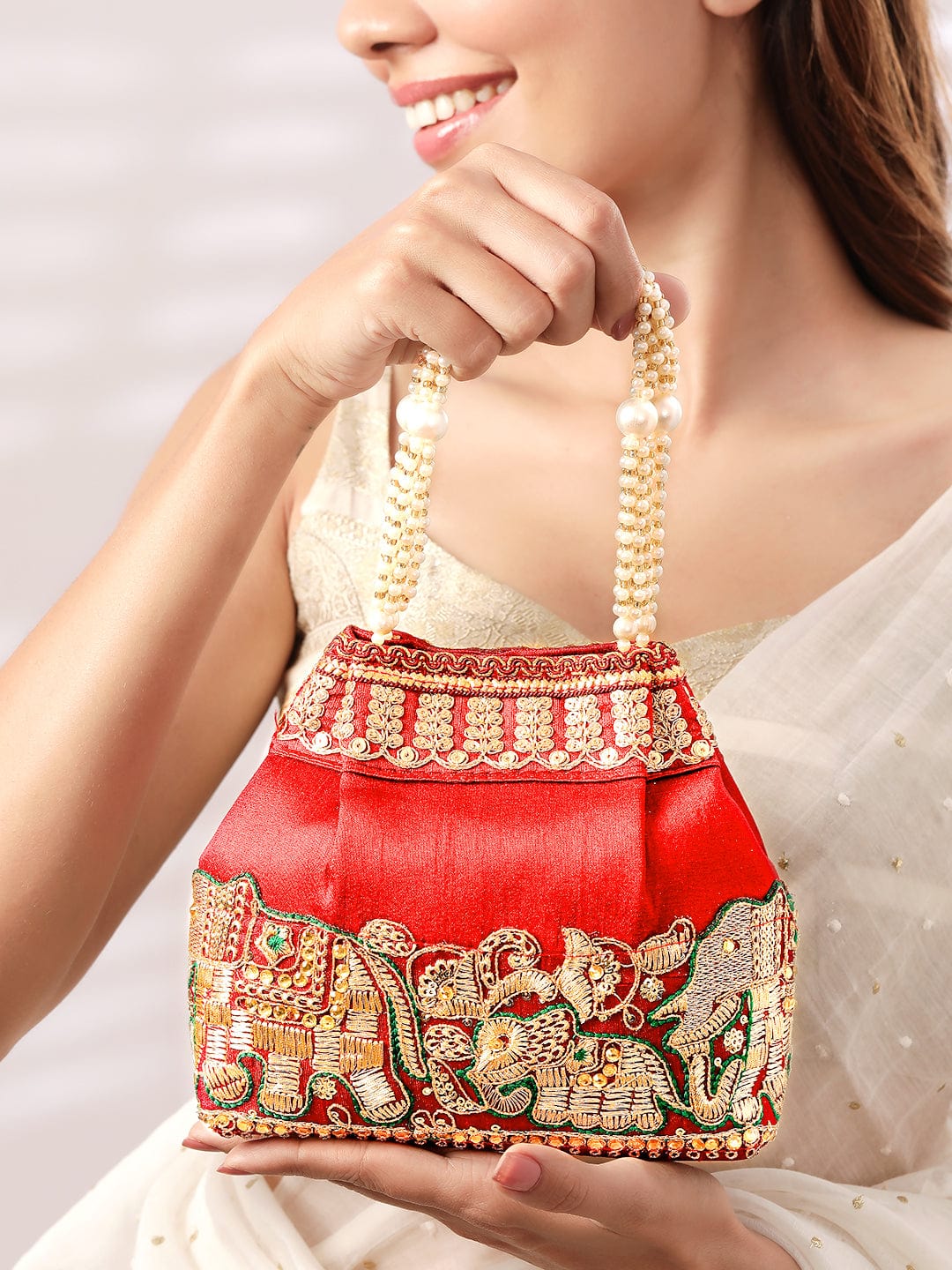 Rubans Red Embroidered & Green Border Potli Bag with Pearl Handle & Elephant Motif Details Red