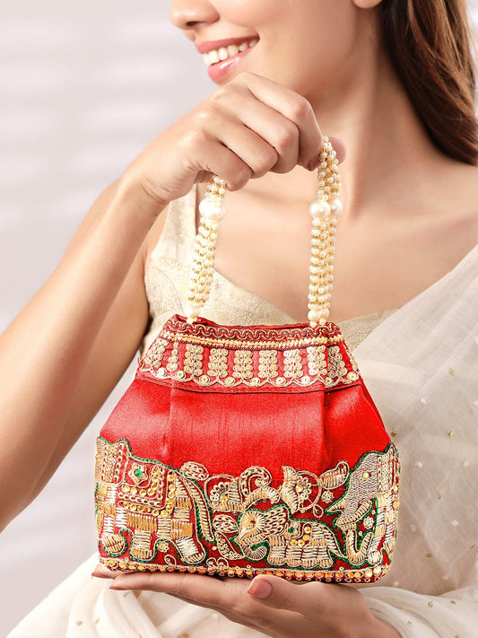 Rubans Red Embroidered & Green Border Potli Bag with Pearl Handle & Elephant Motif Details Red