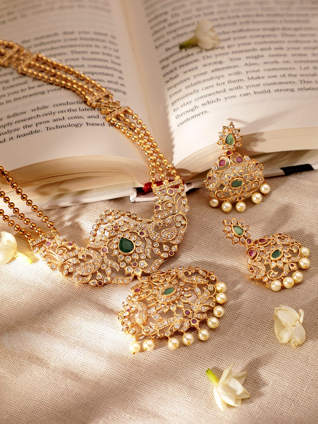 Traditional Grace Red Green American Diamond Zirconia Necklace Set Gold
