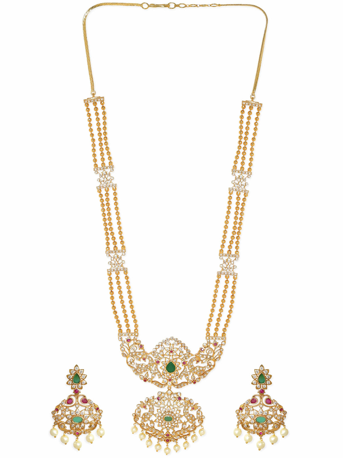 Traditional Grace Red Green American Diamond Zirconia Necklace Set Gold