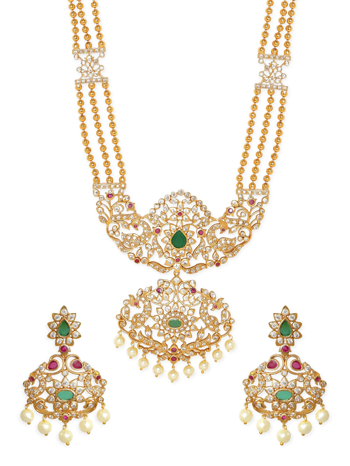 Traditional Grace Red Green American Diamond Zirconia Necklace Set Gold