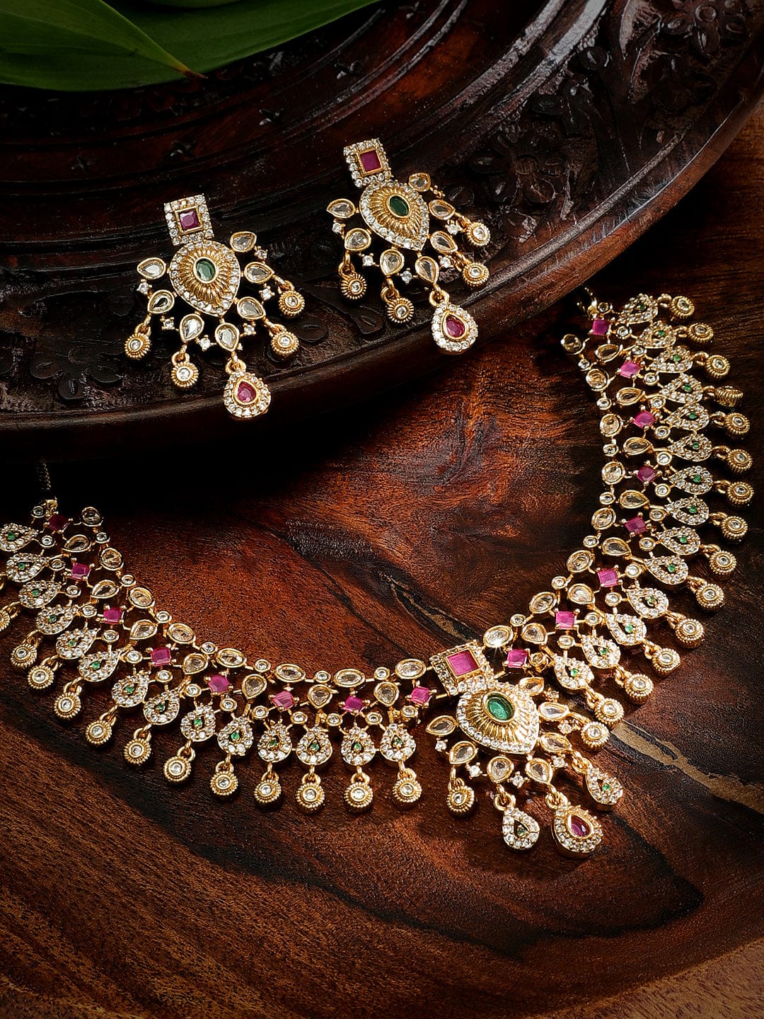 Timeless Red Green American Diamond Studded Short Necklace Set Gold::Multi Color