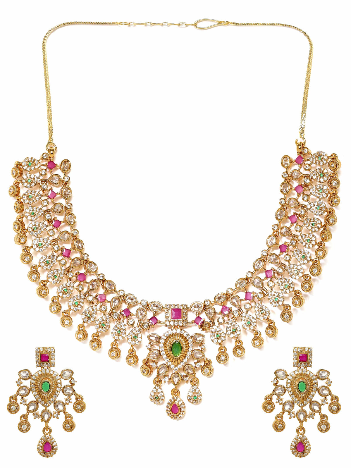 Timeless Red Green American Diamond Studded Short Necklace Set Gold::Multi Color
