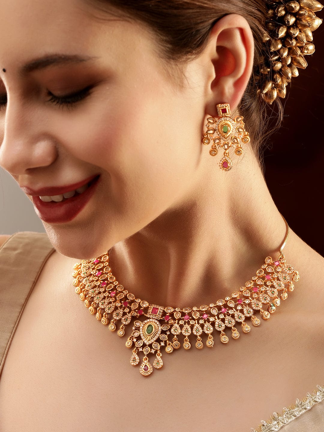 Timeless Red Green American Diamond Studded Short Necklace Set Gold::Multi Color