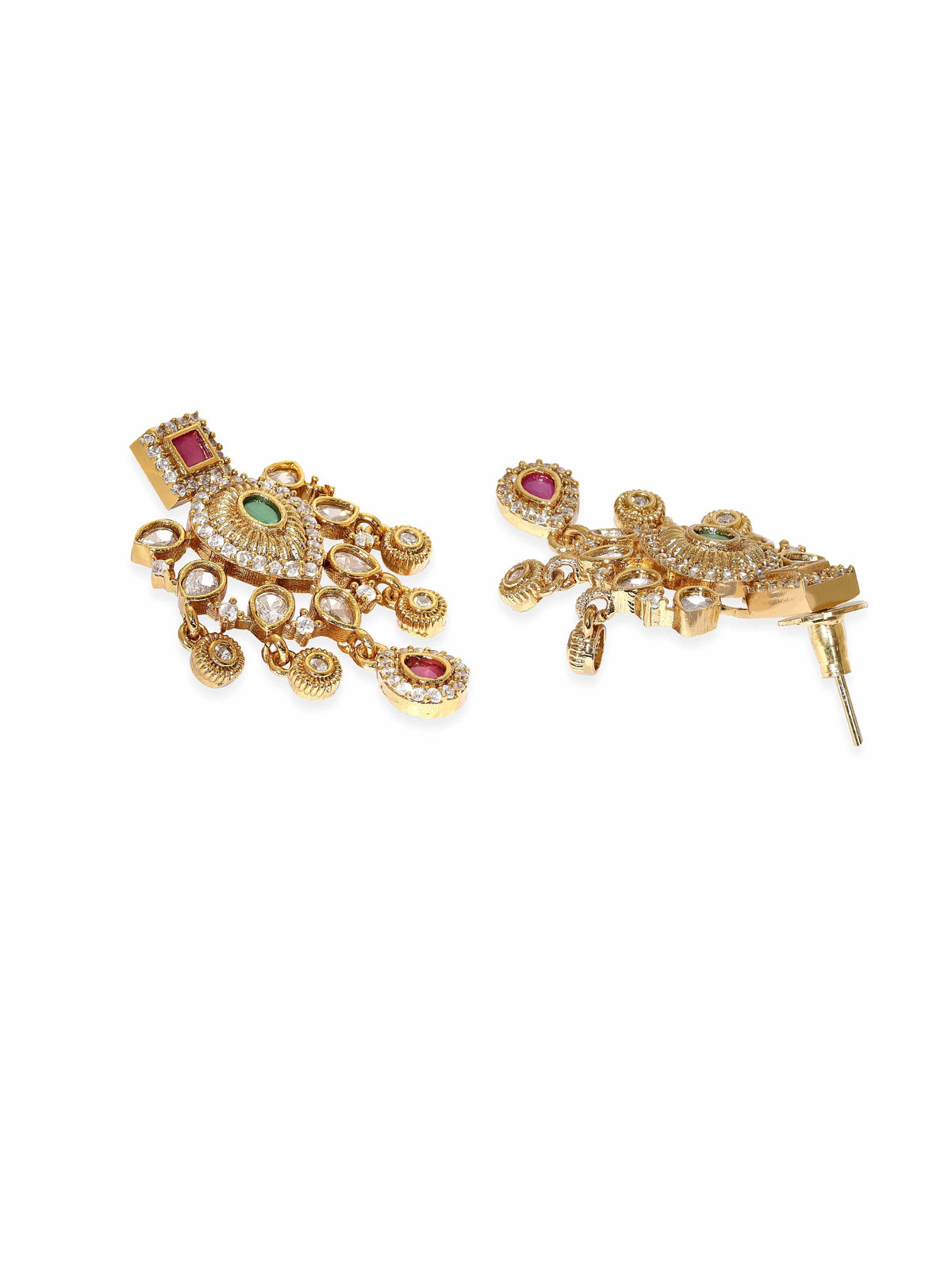 Timeless Red Green American Diamond Studded Short Necklace Set Gold::Multi Color