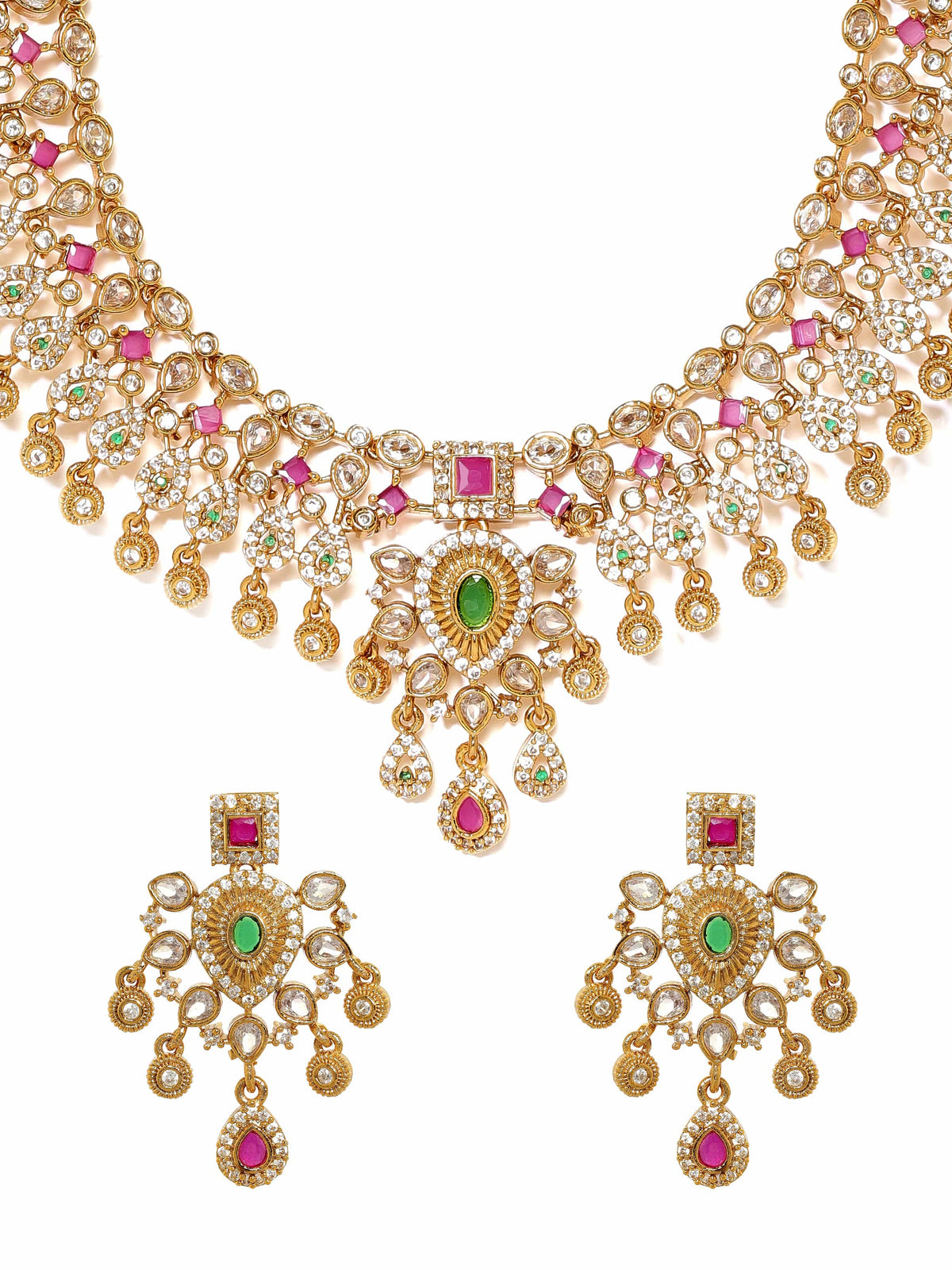 Timeless Red Green American Diamond Studded Short Necklace Set Gold::Multi Color